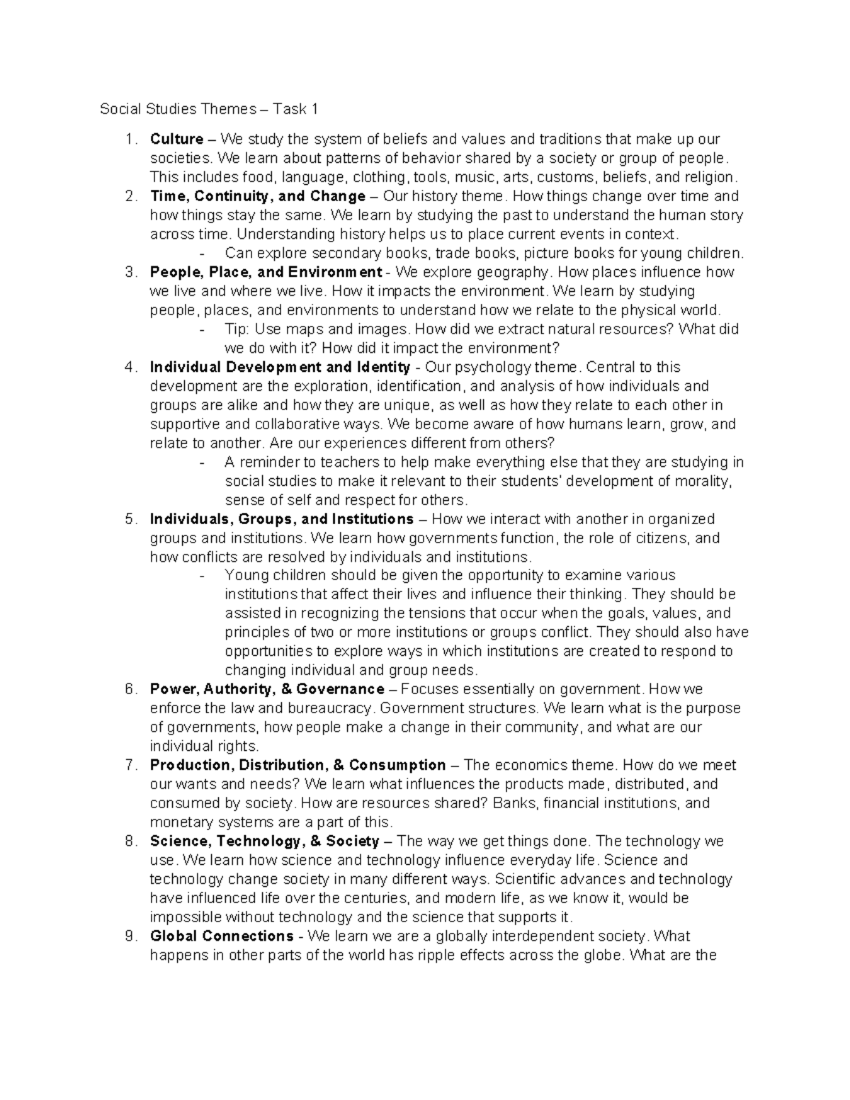 Ten Themes of Social Studies Notes - Social Studies Themes – Task 1 1 ...