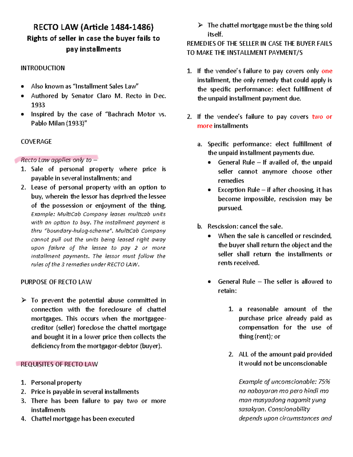 Recto RECTO LAW (Article 14841486) Rights of seller in case the