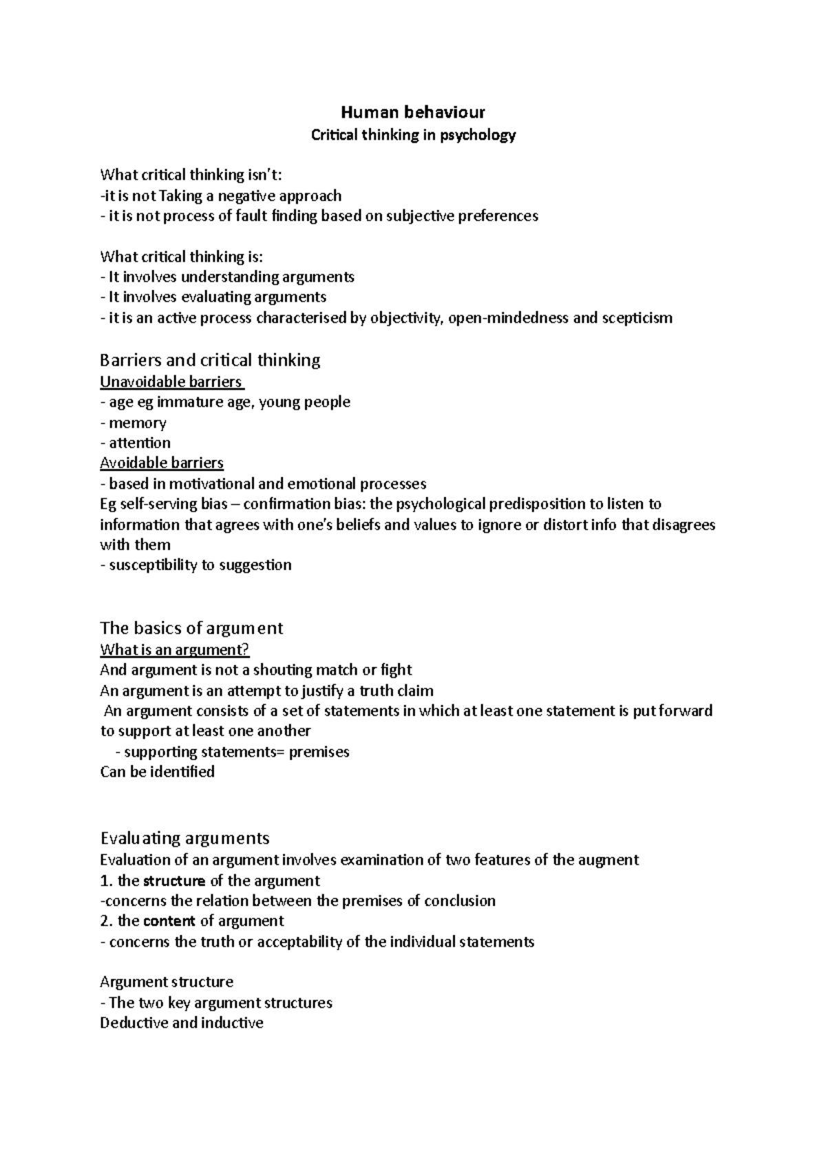 Critical thinking - Lecture notes 4 - Human behaviour Critical thinking ...