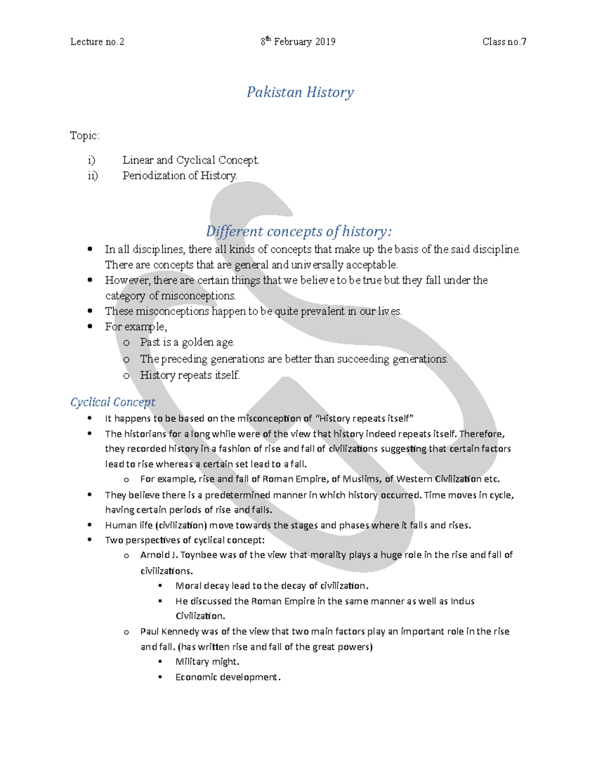 Lecture no - Pakistan History Topic: i) Linear and Cyclical Concept. ii ...