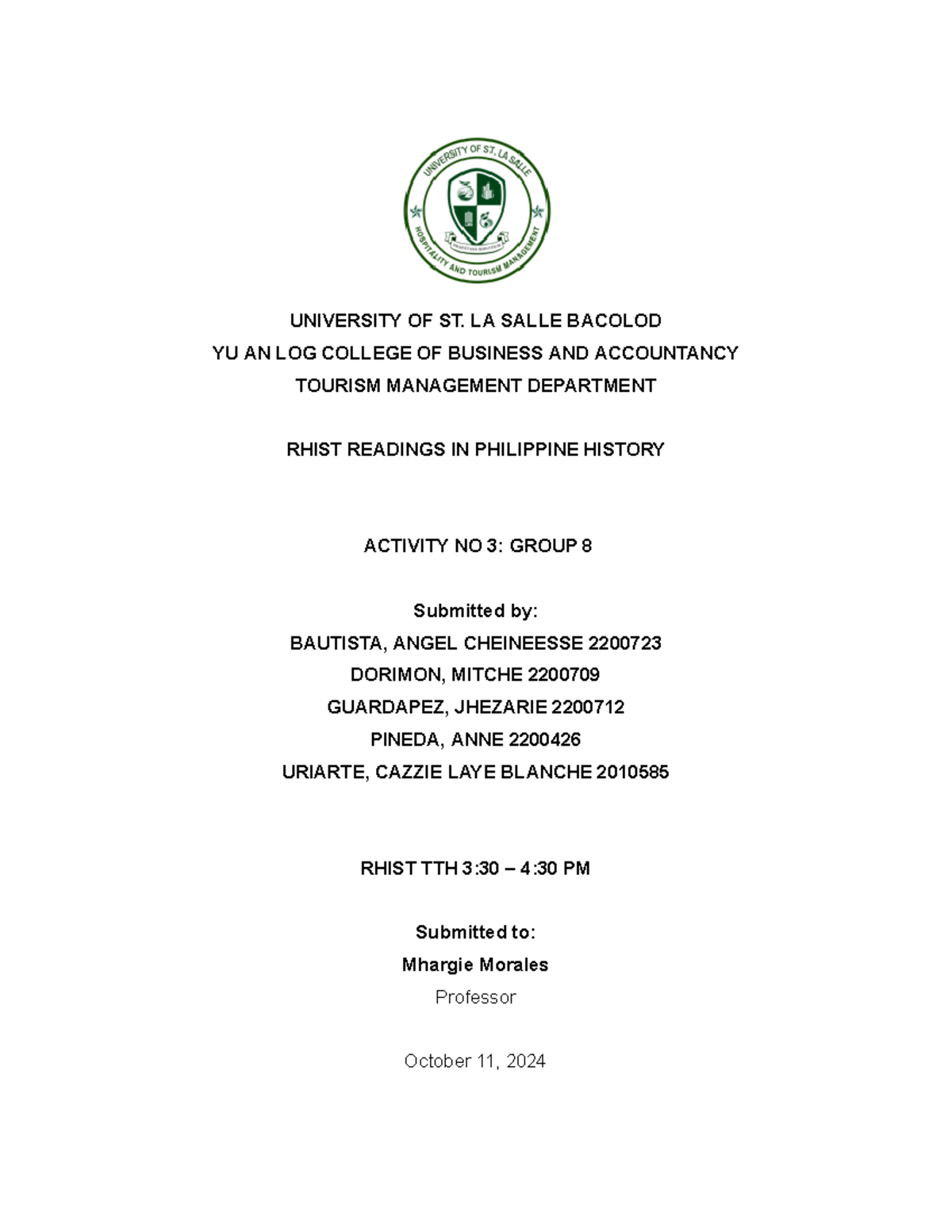 Rhist Activity No.2 - Group 8 BSTM3A - UNIVERSITY OF ST. LA SALLE ...
