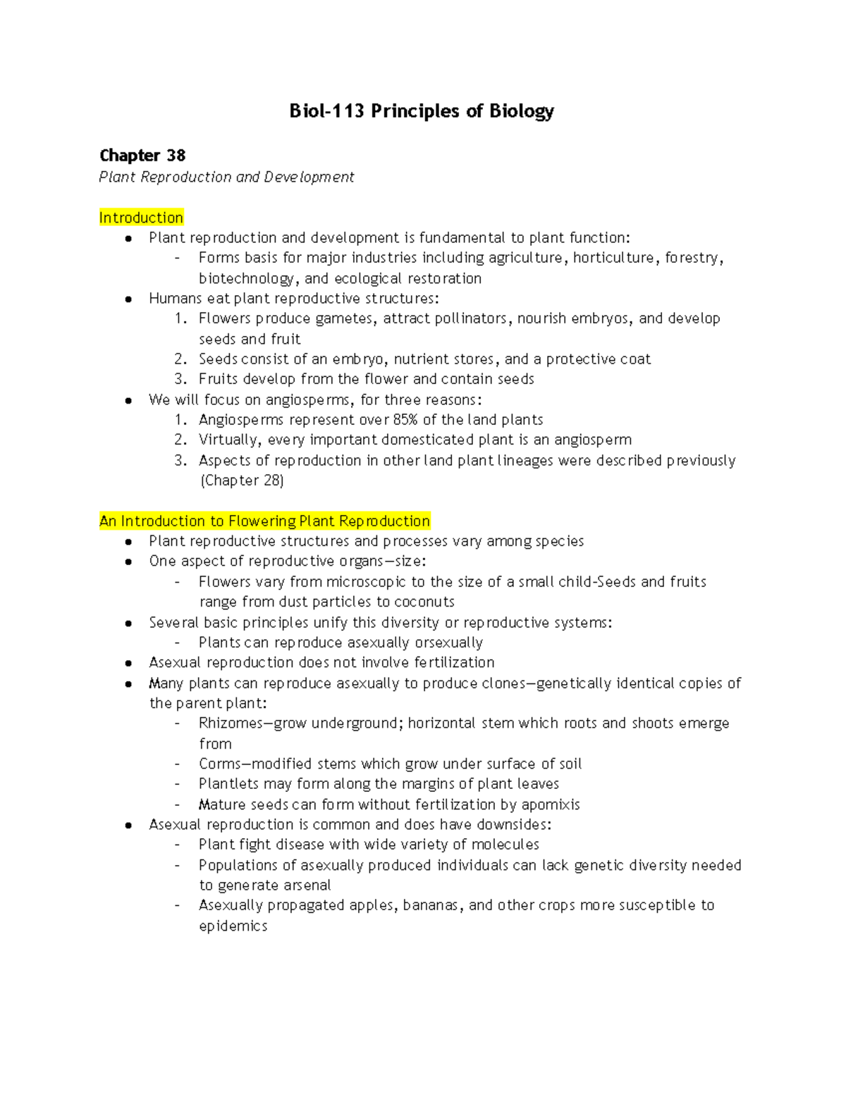 Biol-113 Principles of Biology Chapter 38 - Flowers produce gametes ...