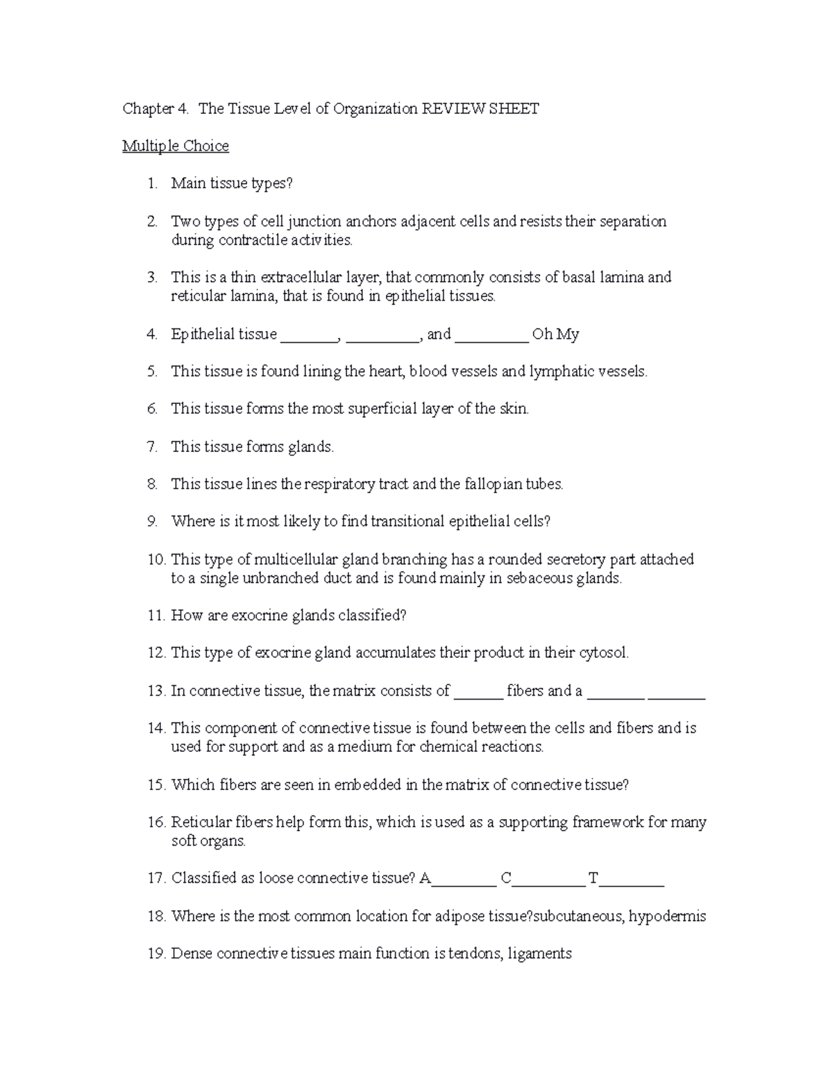 Chapter 4 Tissue Test Review Sheet - Chapter 4. The Tissue Level of ...