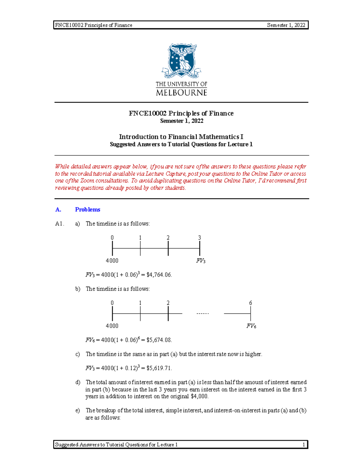 Tutorial 01 - Fin Math 1 - Ans - FNCE10002 Principles of Finance ...