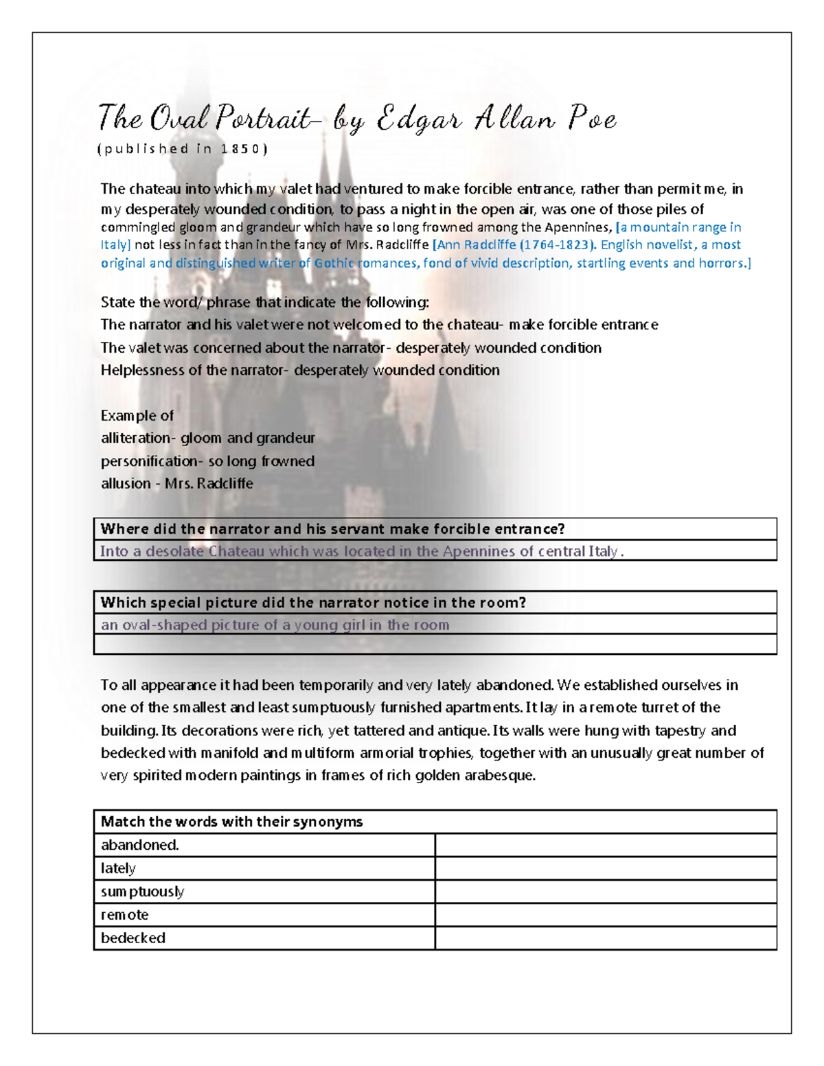 THE OVAL Portrait Gothic literature The Oval Portrait b y E d g a