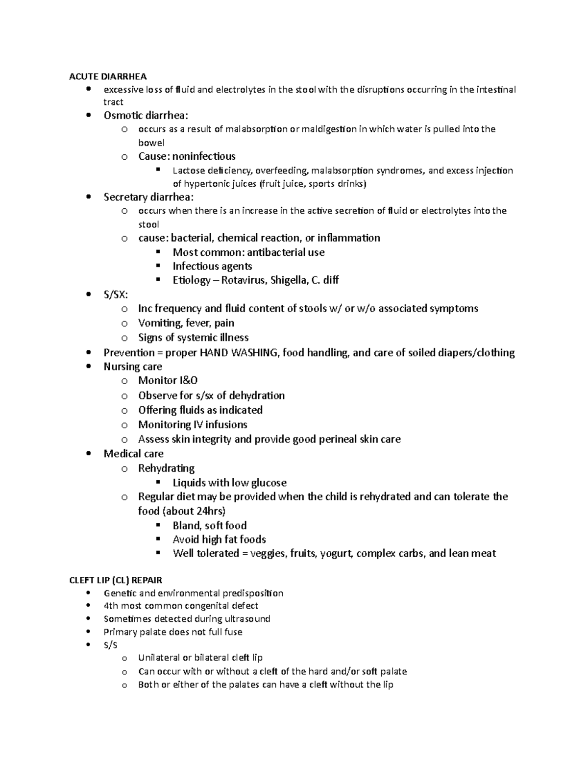 Ped Exam 3 Textbook Study Guide - Acute Diarrhea Excessive Loss Of 