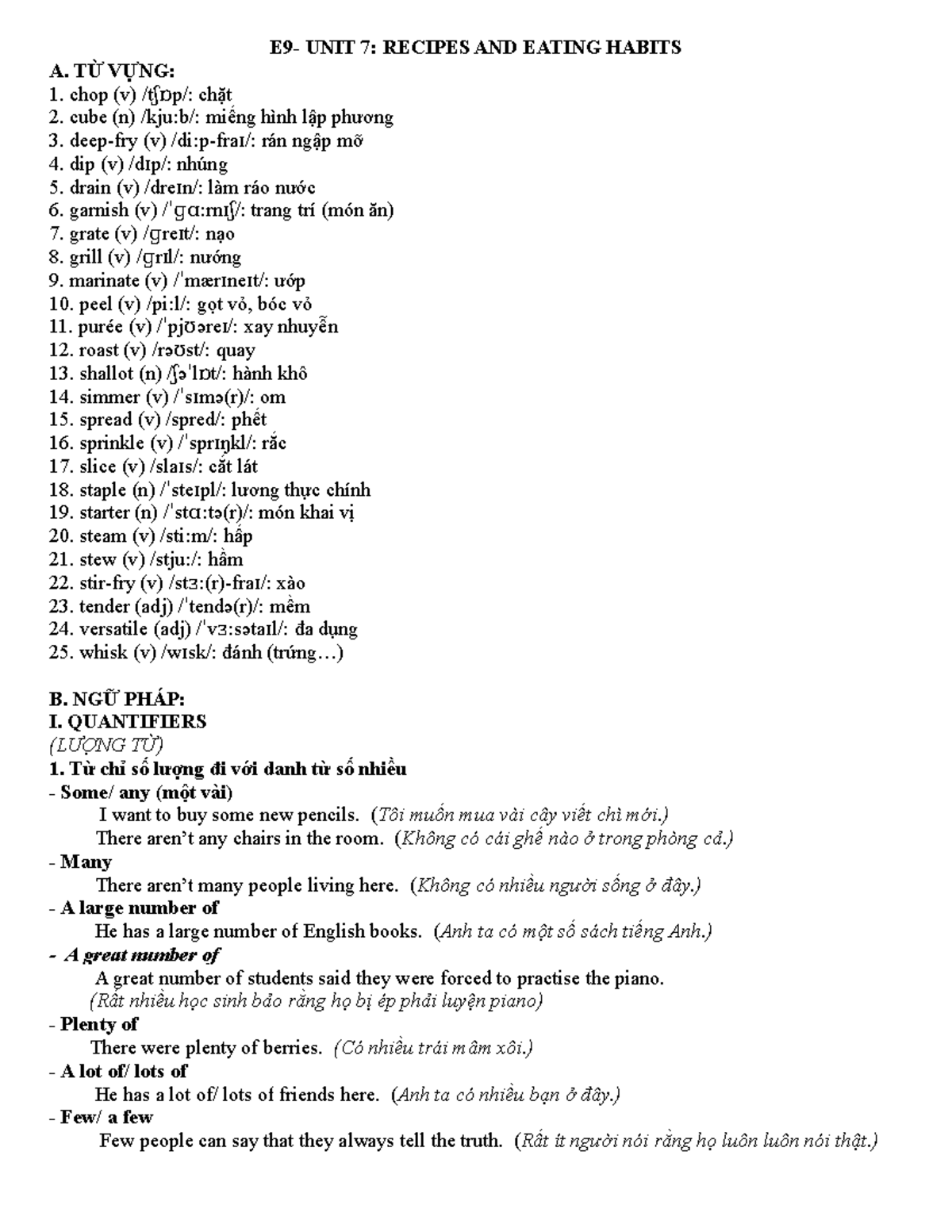 6 BAN english E9 UNIT 7 RECIPES AND EATING HABITS A. TỪ VỰNG