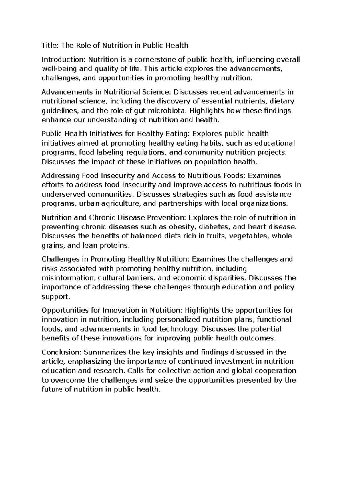 The Role of Nutrition in Public Health - Title: The Role of Nutrition ...