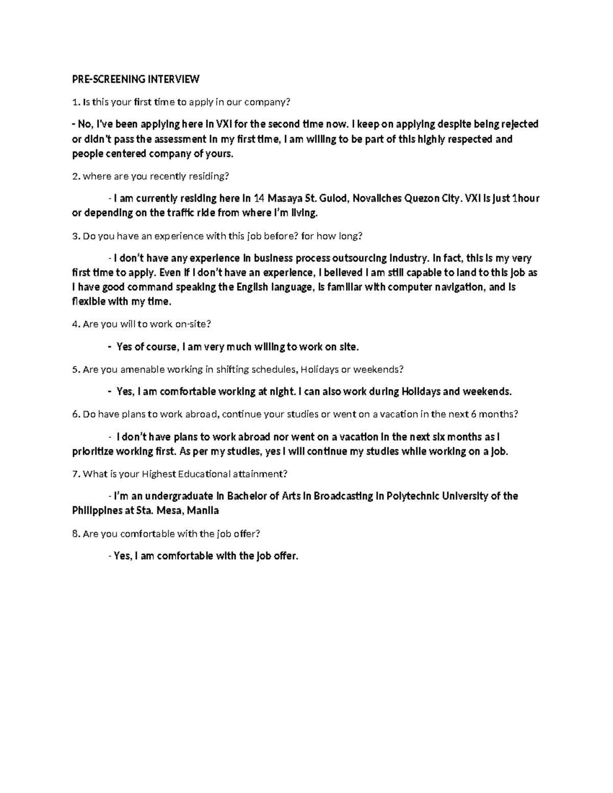 Possible Question - jkhhanc - PRE-SCREENING INTERVIEW Is this your ...