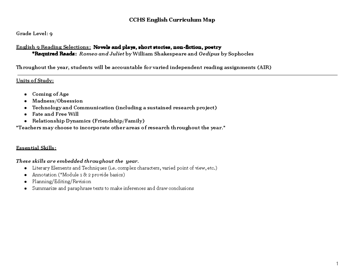 Curriculum Map For English 9 12 Cchs English Curriculum Map Grade Level 9 English 9 Reading