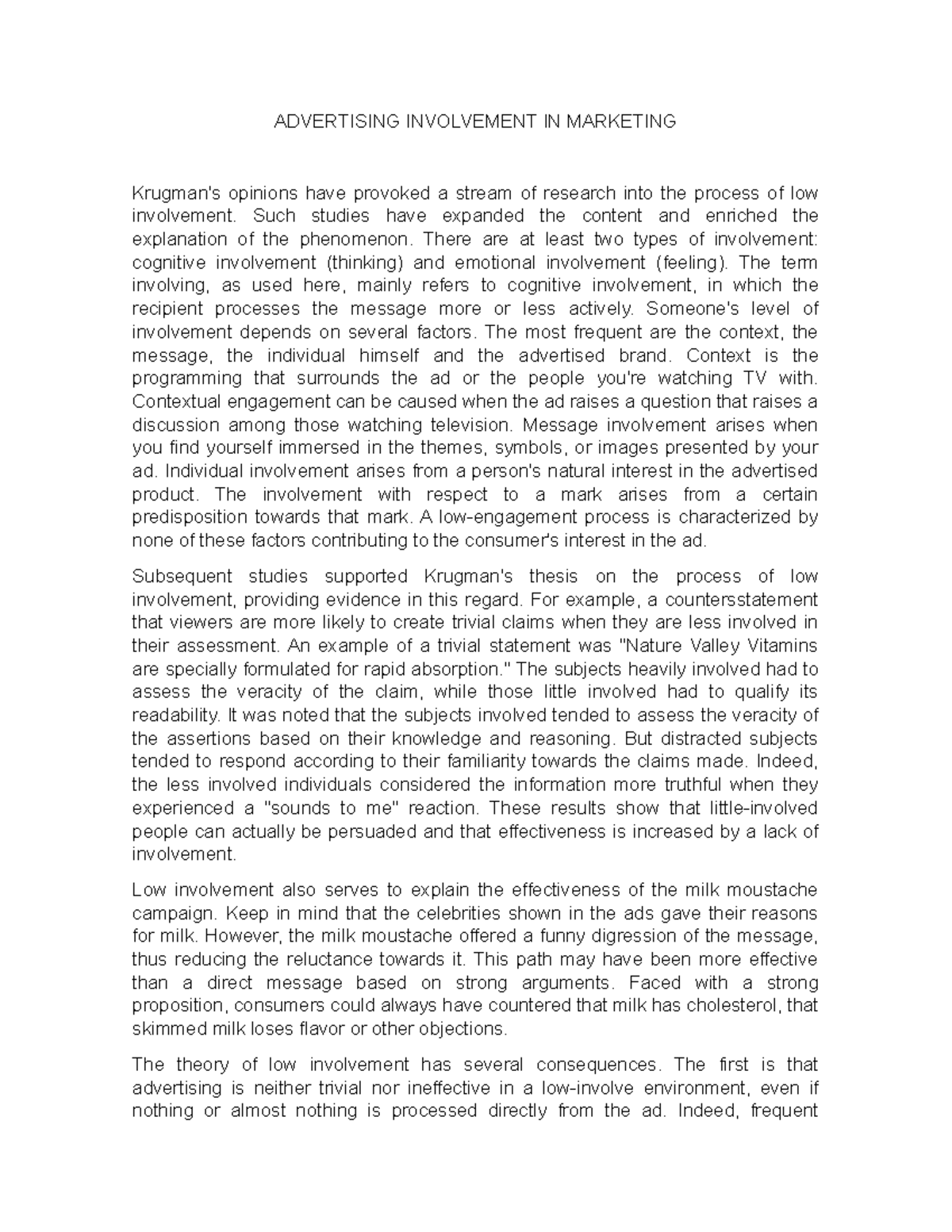 Advertising Involvement IN Marketing - ADVERTISING INVOLVEMENT IN ...