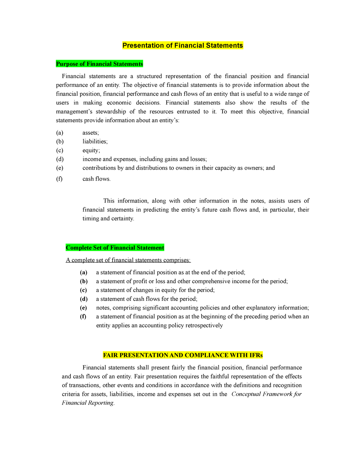 presentation of financial statements studocu