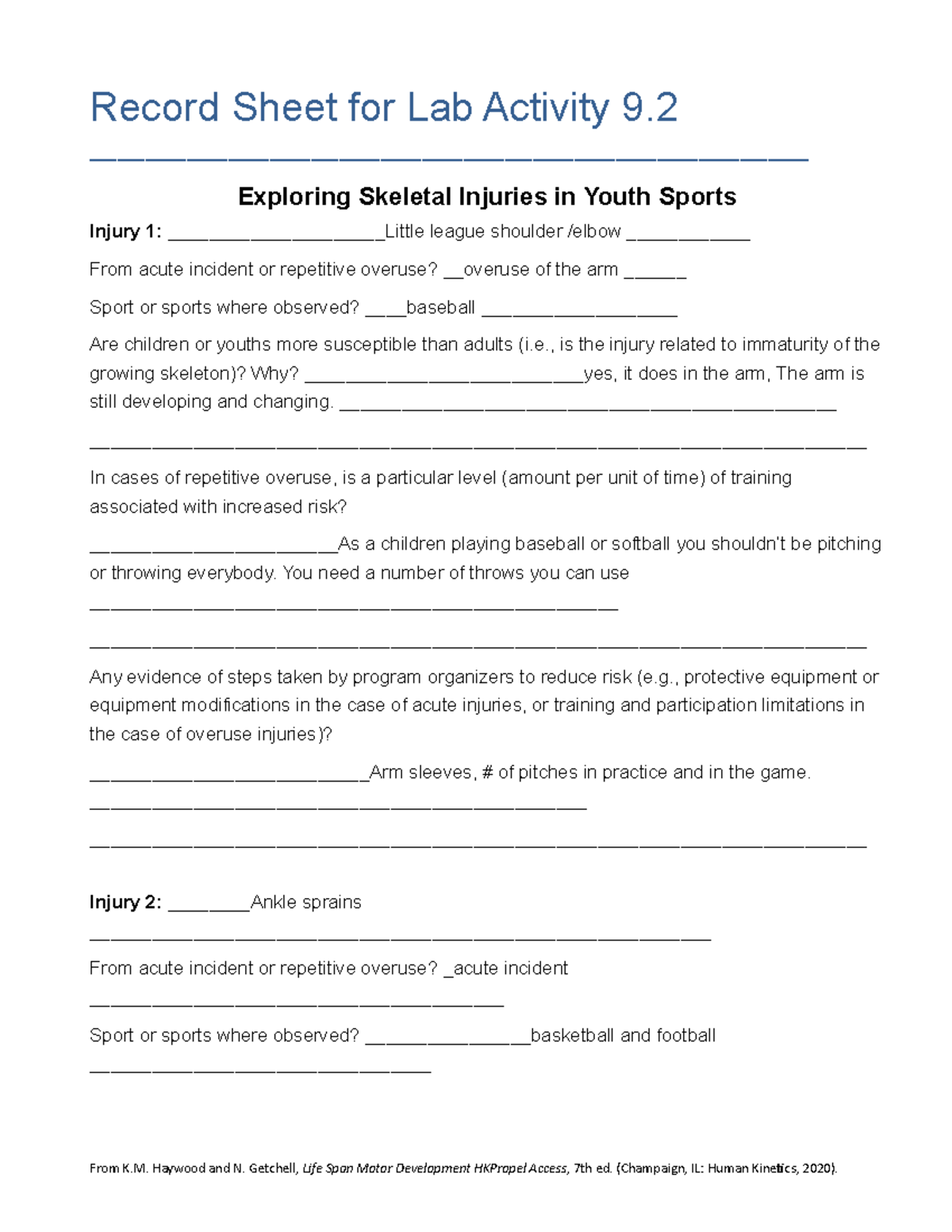 Haywood 7E HKPropel Record Lab A 9 2 - Record Sheet for Lab Activity 9 ...