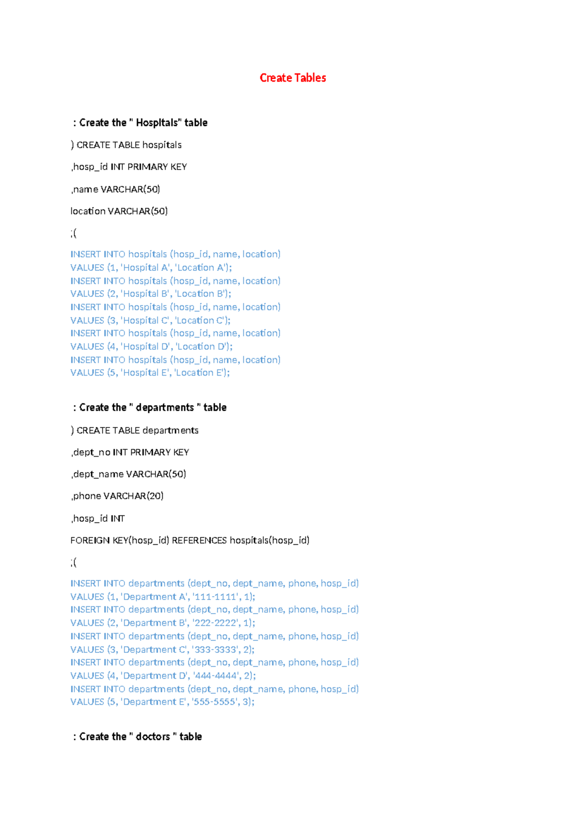 Create Tables project SQL - Create Tables : Create the