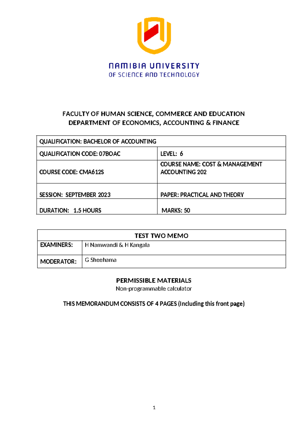 Test 2 Memo - Test 2 memo - FACULTY OF HUMAN SCIENCE, COMMERCE AND ...