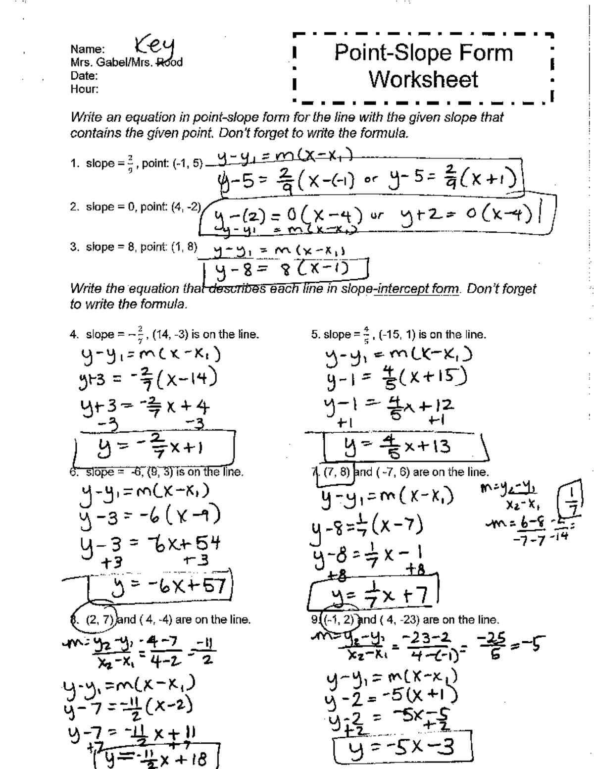 Point Slope Form WS Key - enjoyyy - Name: Key Mrs. Rood Form Date: I ...