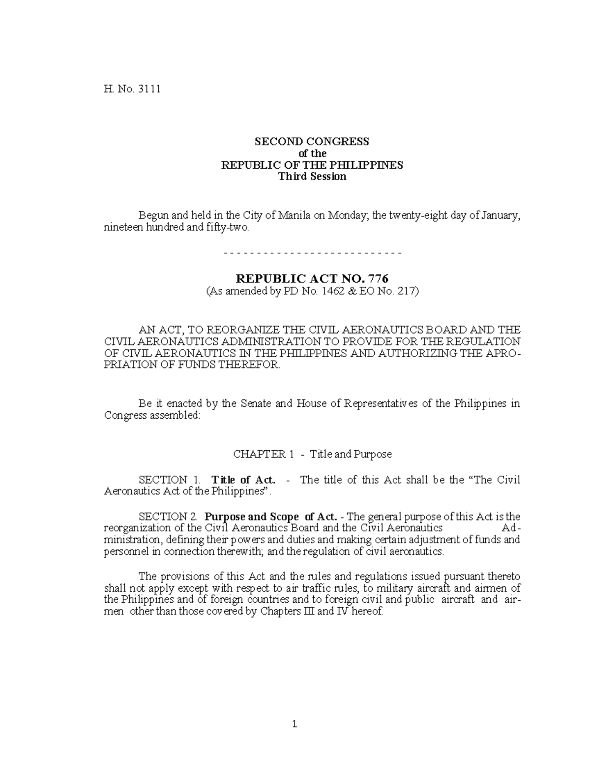 RA 776 - REPUBLIC ACT NO. 776: AN ACT, TO REORGANIZE THE CIVIL ...