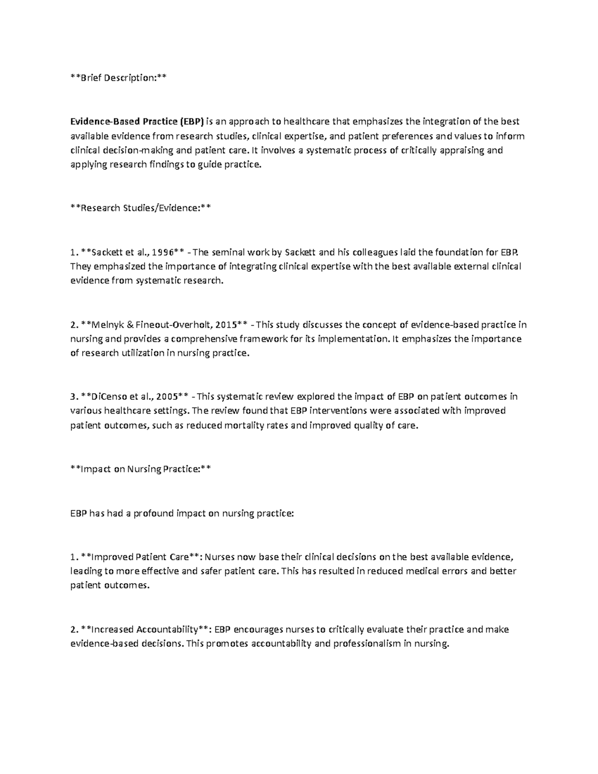 Innovations in nursing - Brief Description: Evidence-Based Practice ...