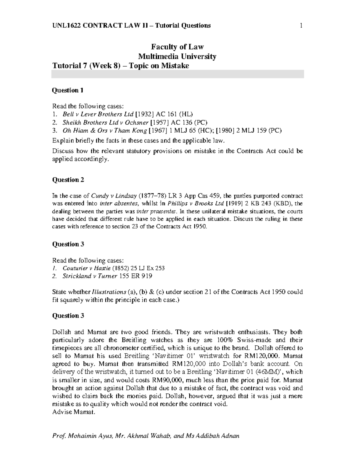 2022 Contract II - Tutorial 7 (Week 8) - UNL1622 CONTRACT LAW II ...