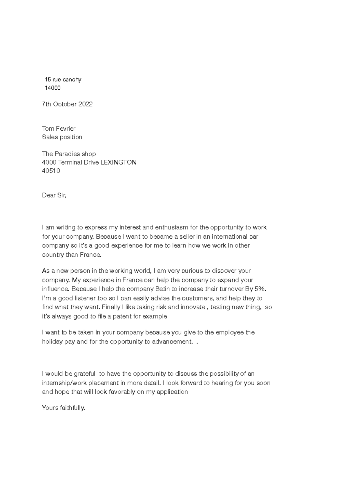 Anglais lettre de motiv - 7th October 2022 Tom Fevrier Sales position