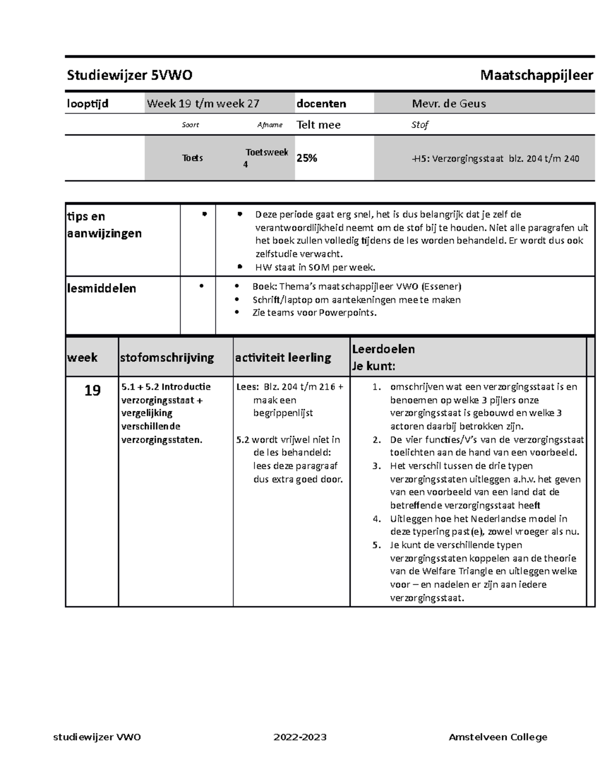 Studiewijzer VWO 2022 2023 Maatschappijleer Periode 4 Verzorgingsstaat ...