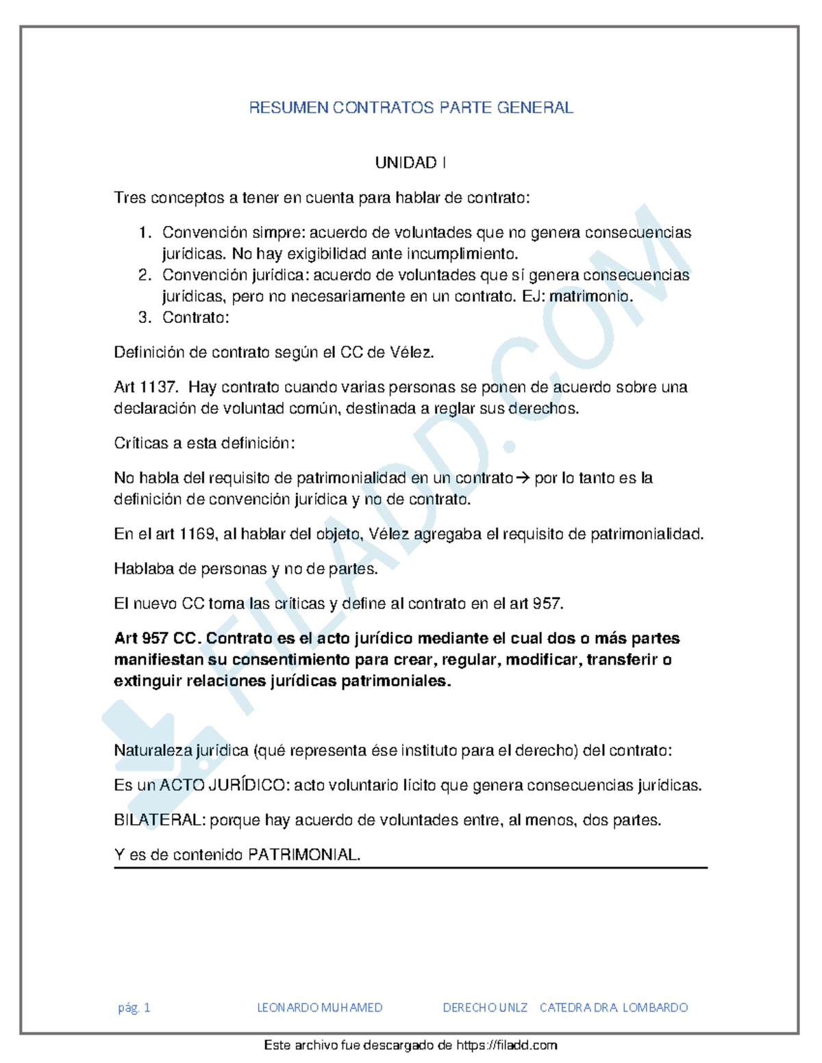 Resumen Contratos Parte General - Pág. 1 LEONARDO MUHAMED DERECHO UNLZ ...