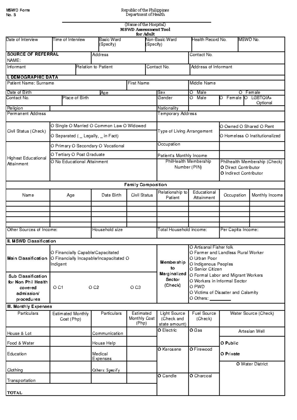 MSWD Assessment Tool for adult F3 1 - MSWD Form No. 3 Republic of the ...