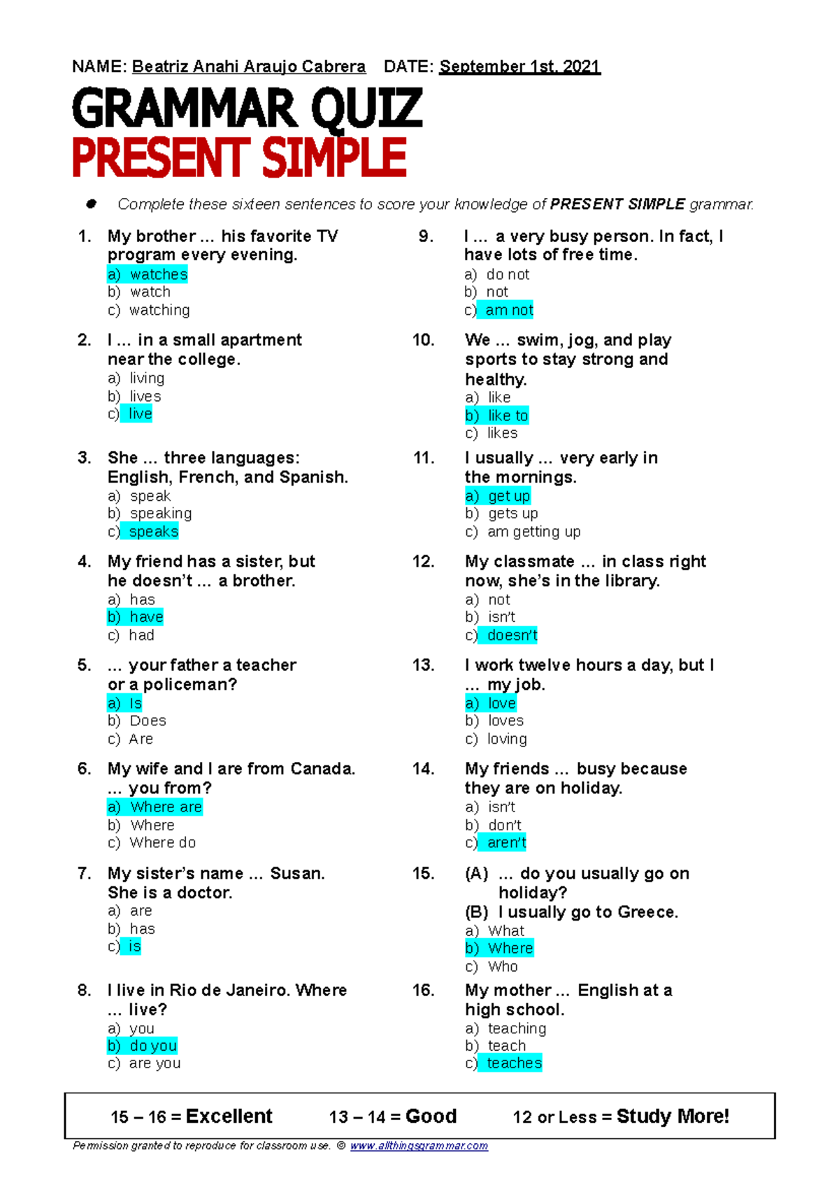 Present Simple Quiz for class n3 - NAME: Beatriz Anahi Araujo Cabrera ...