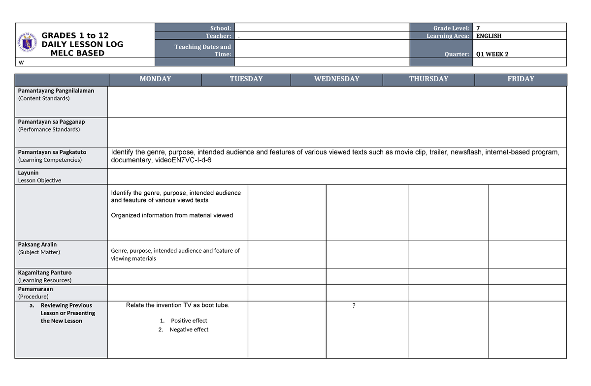 MELC DLL ENG 7 WEEK 2 Q1 Done - GRADES 1 To 12 DAILY LESSON LOG MELC ...