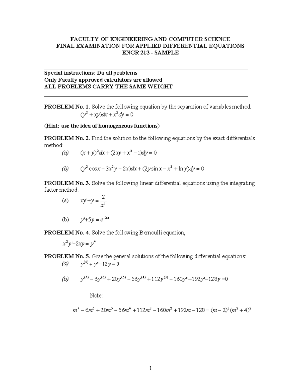 Sample Final Exam 1 FACULTY OF ENGINEERING AND COMPUTER SCIENCE