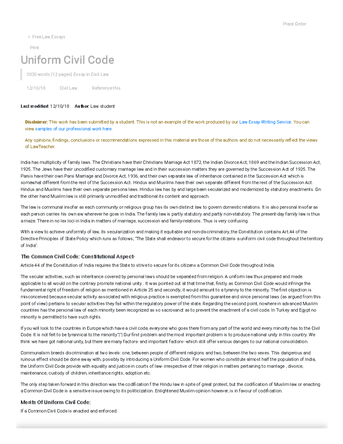 Uniform Civil Code For legal essays Place Order Free Law Essays