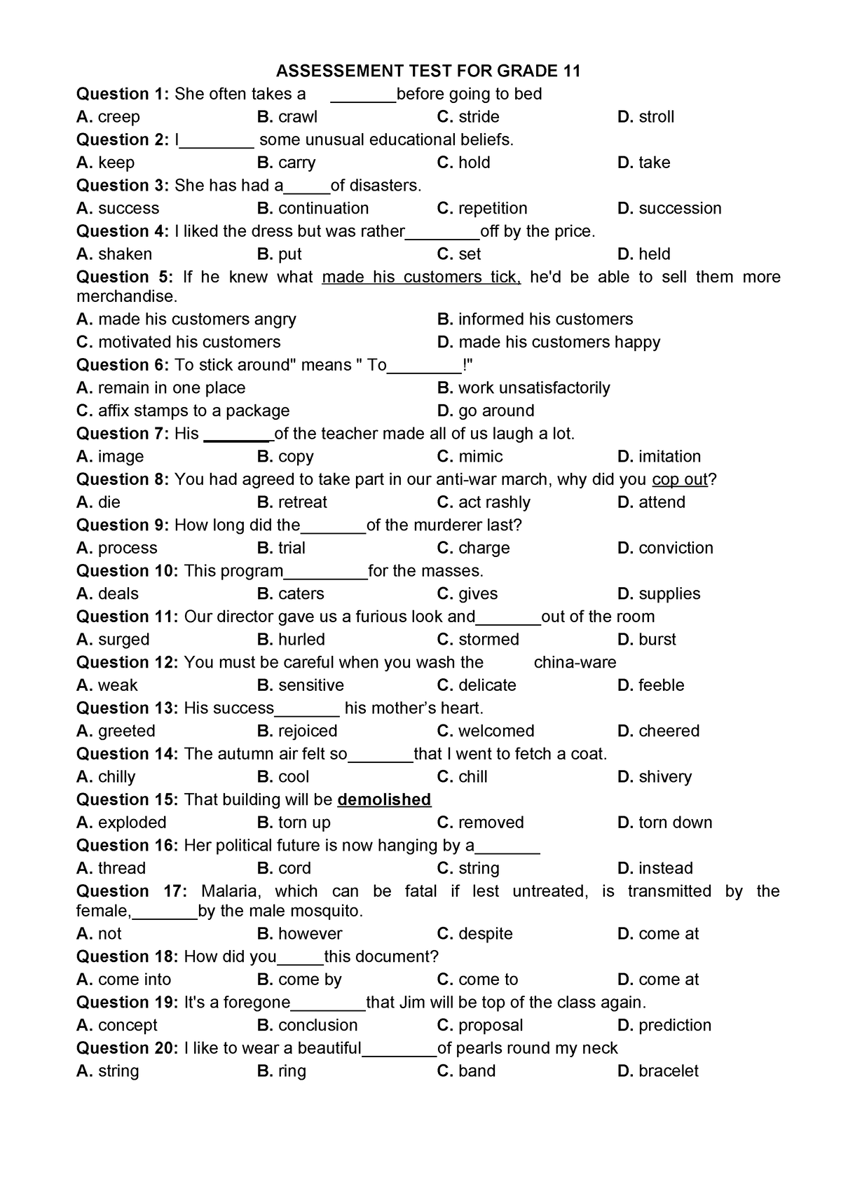 Assessement TEST FOR Grade 11 - ASSESSEMENT TEST FOR GRADE 11 Question ...