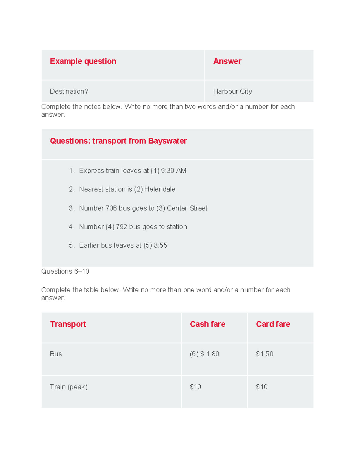 tiếng anh ielts cam 17 - Example question Answer Destination? Harbour ...