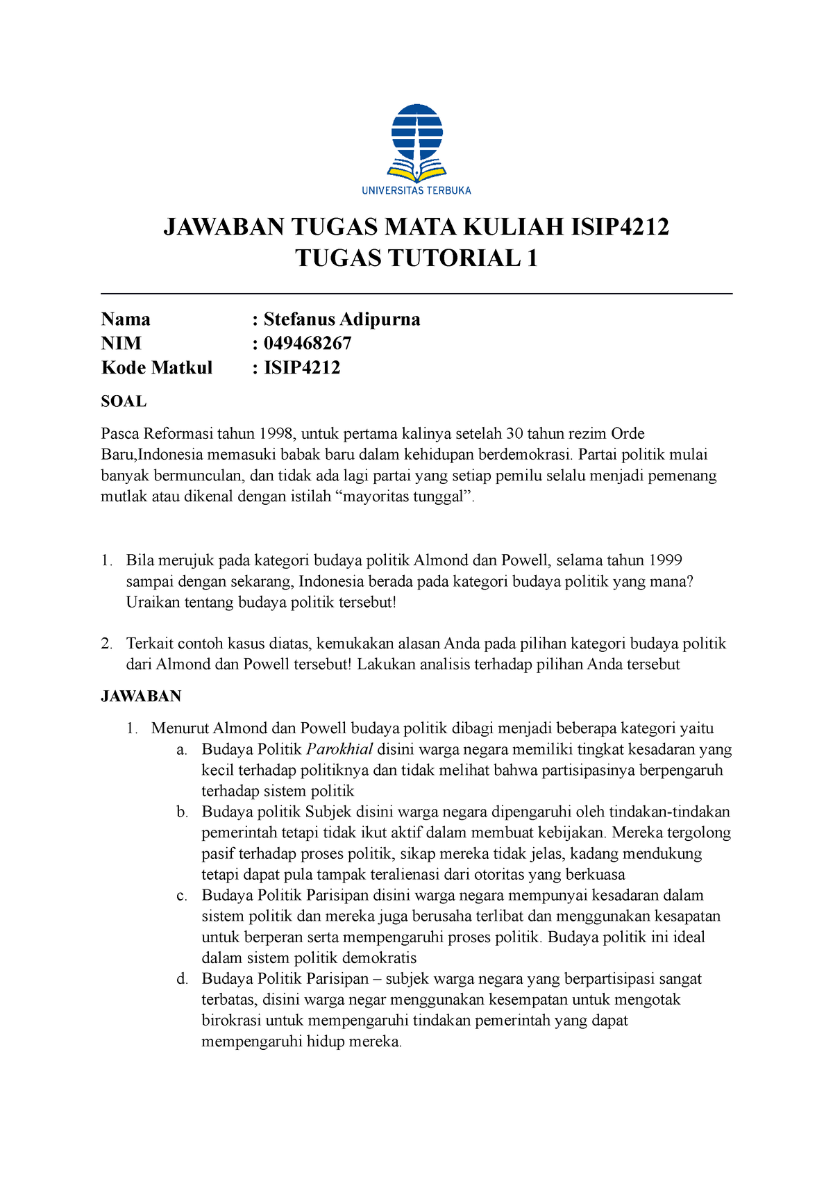 T2 ISIP4212 Pengantar Ilmu Sosial Politik - JAWABAN TUGAS MATA KULIAH ...