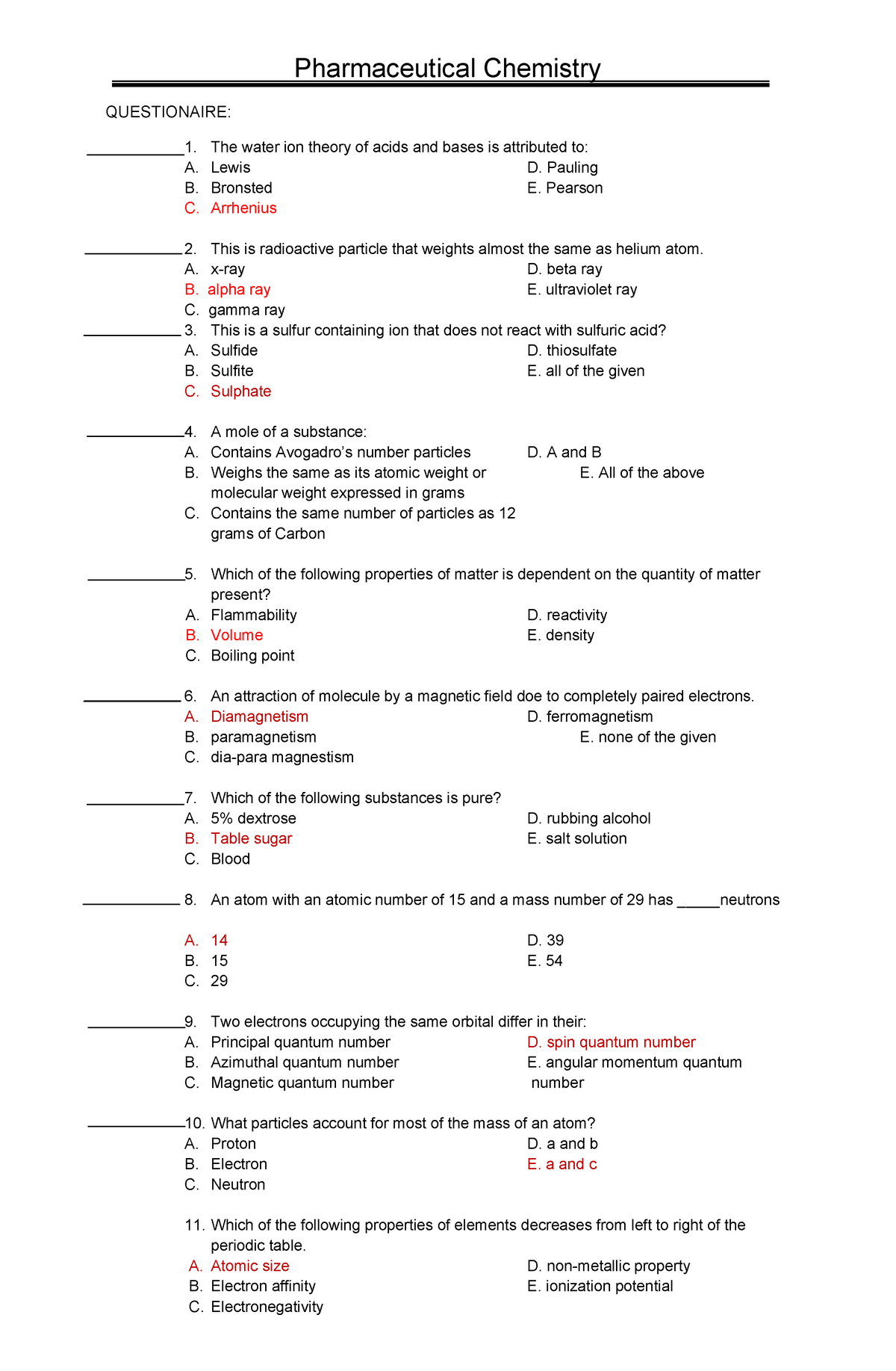 Pharmaceutical Chemistry Answer Key-BLUE Pacop - QUESTIONAIRE: The ...