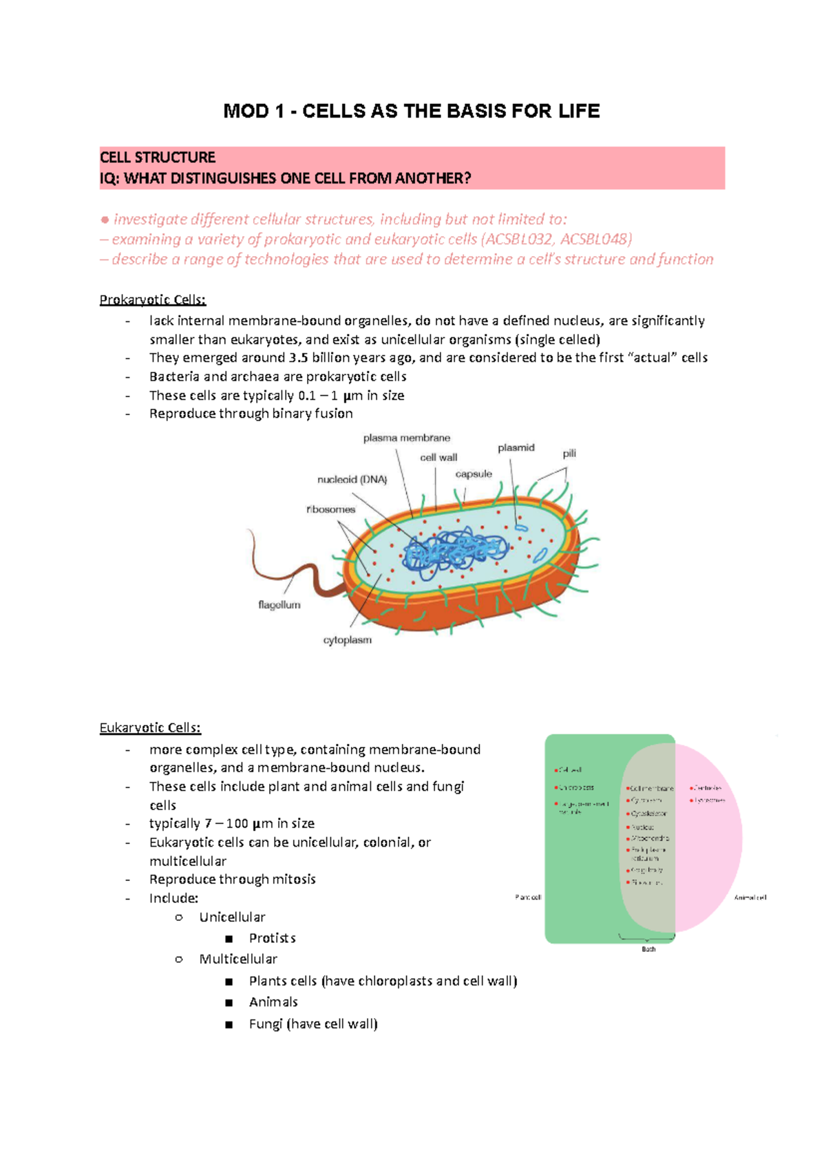 BIO Notes - MOD 1 - CELLS AS THE BASIS FOR LIFE CELL STRUCTURE IQ: WHAT ...