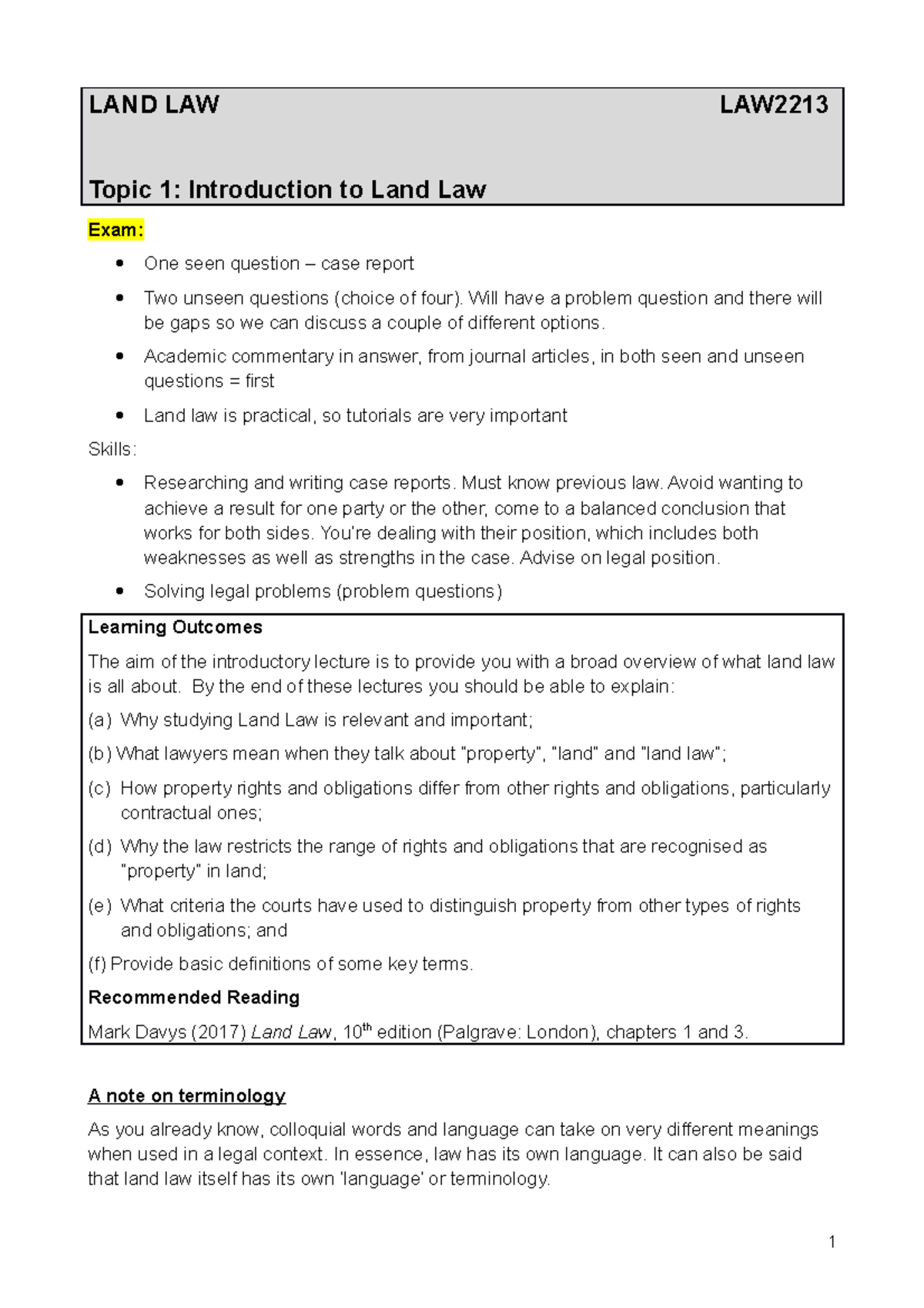 Lecture 1 + 2 Introduction to Land Law LAND LAW LAW Topic 1