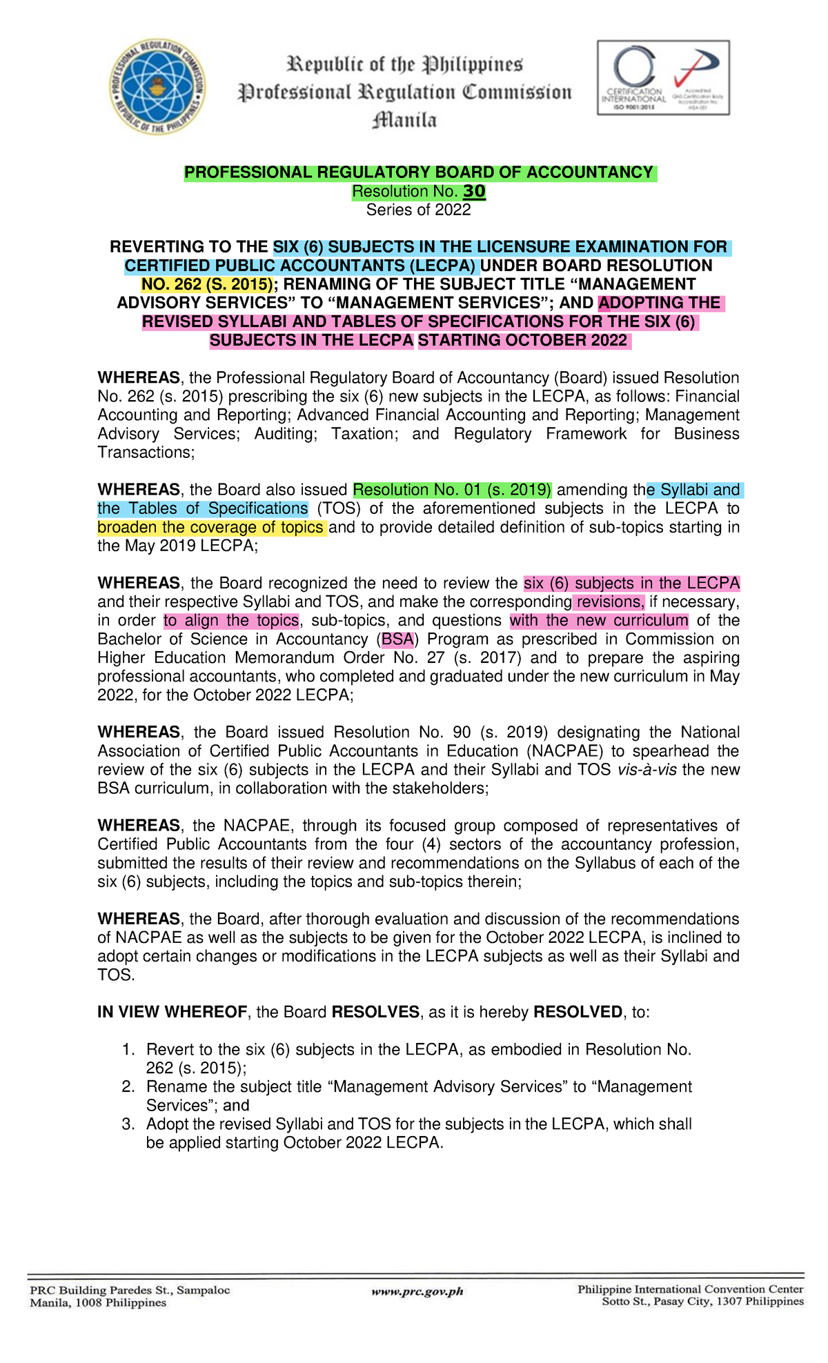 Prboa-Resolution-No - Prboa-Resolution-No - PROFESSIONAL REGULATORY ...