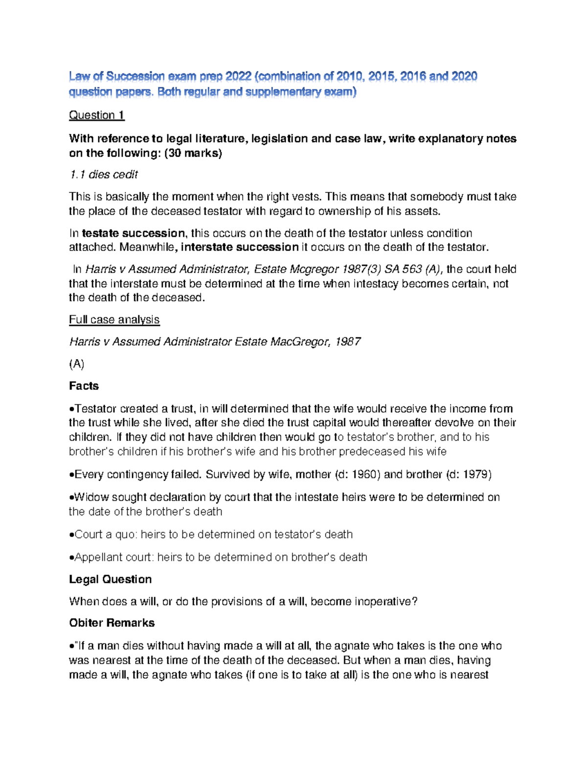 Law of Succession exam prep 2022. Mizeriapdf - Question 1 With ...