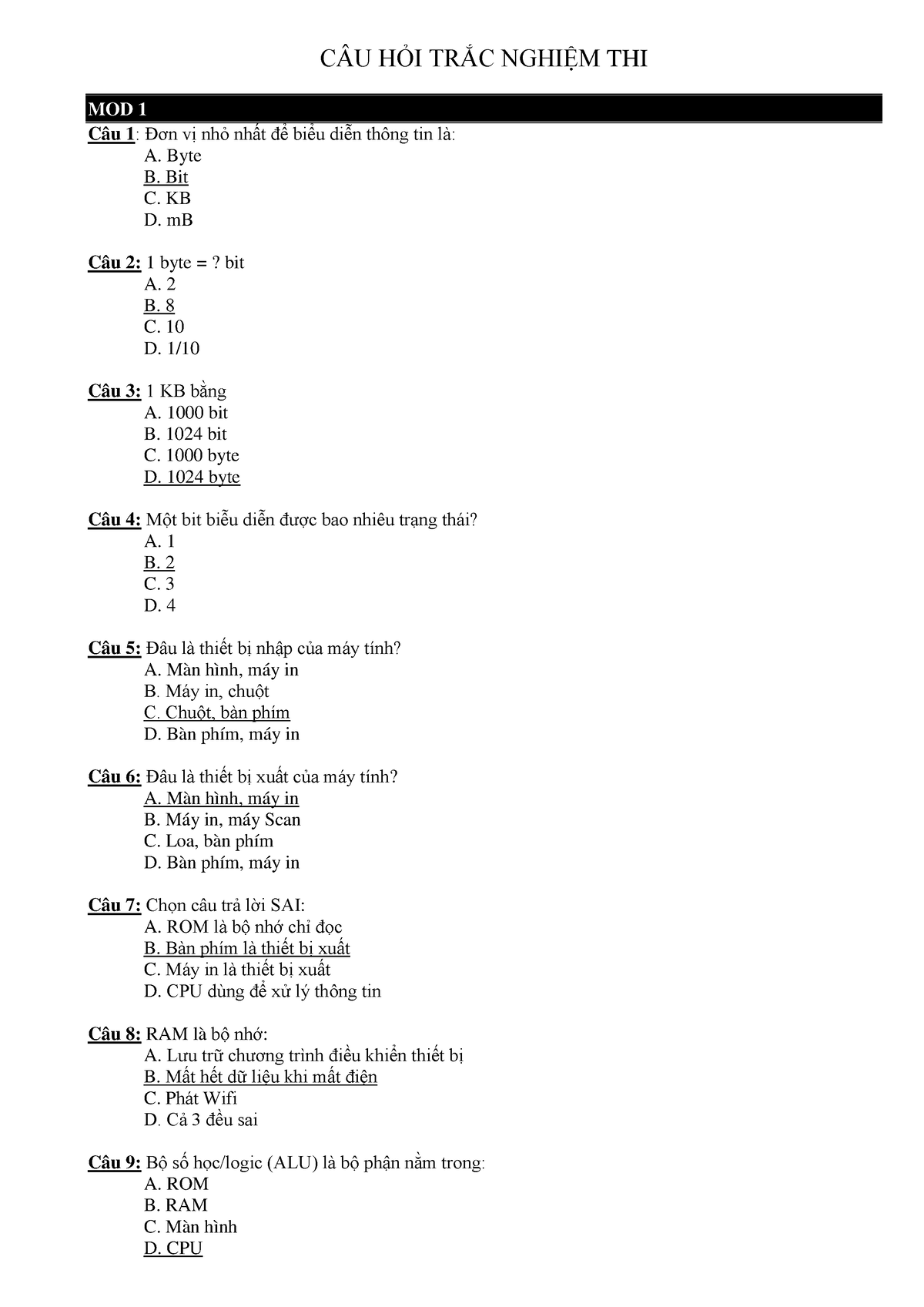 Cau Hoi 3 Tong Quat 6 Module - C U H I TR C NGHI M THI MOD 1 Câu 1: V ...