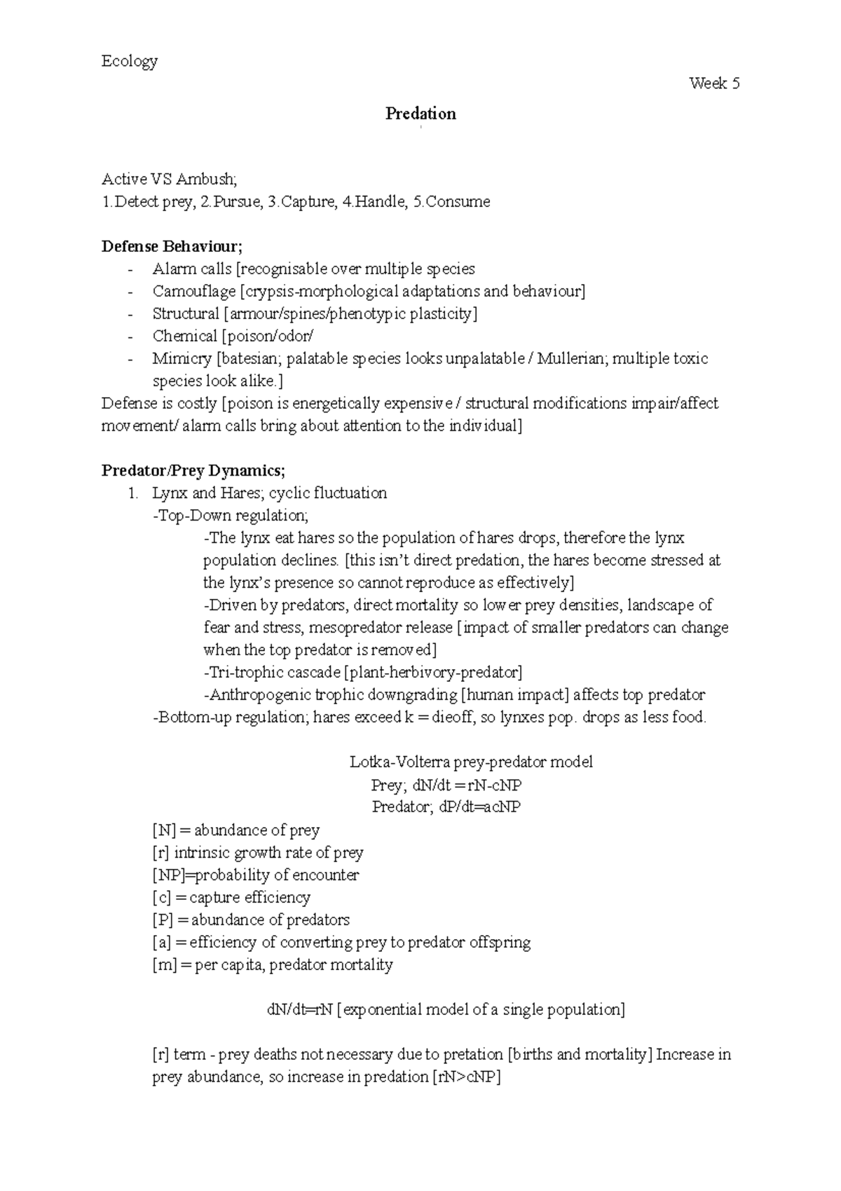 Predation - week 5 - Lecture notes 5 - Ecology Week 5 Predation Active ...