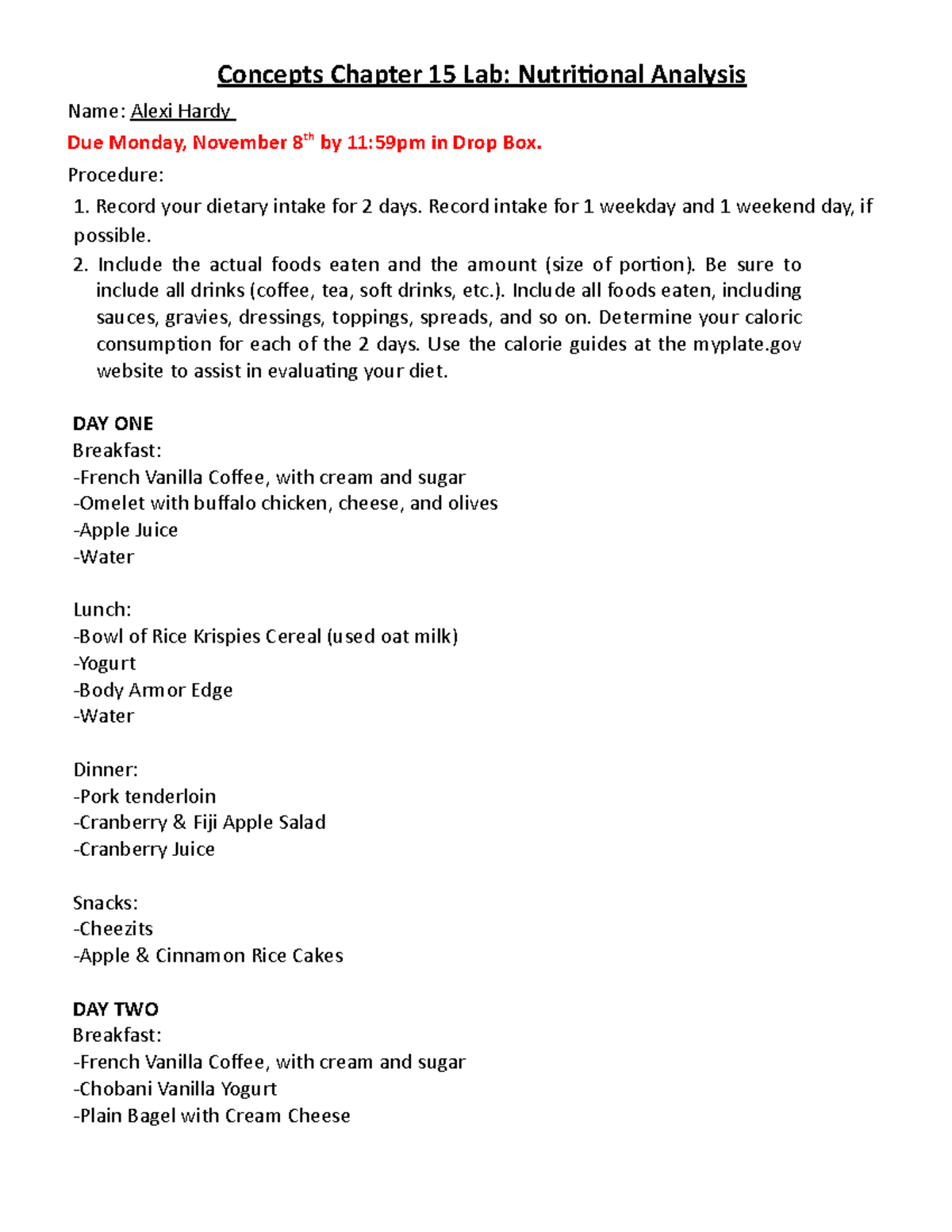 nutrition analysis assignment example