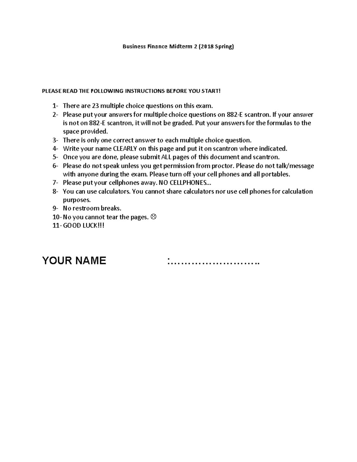 Midterm 2 Exam - n/j - Business Finance Midterm 2 (2018 Spring) PLEASE ...