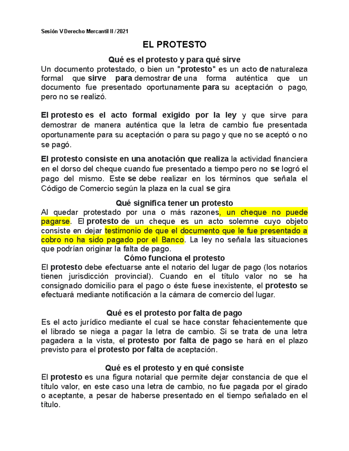 Sesión V Derecho Mercantil II - El protesto es el acto formal exigido ...