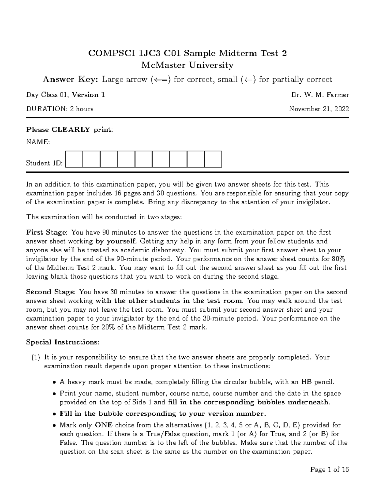 Midterm 2 Sample With Solutions - COMPSCI 1JC3 C01 Sample Midterm Test ...