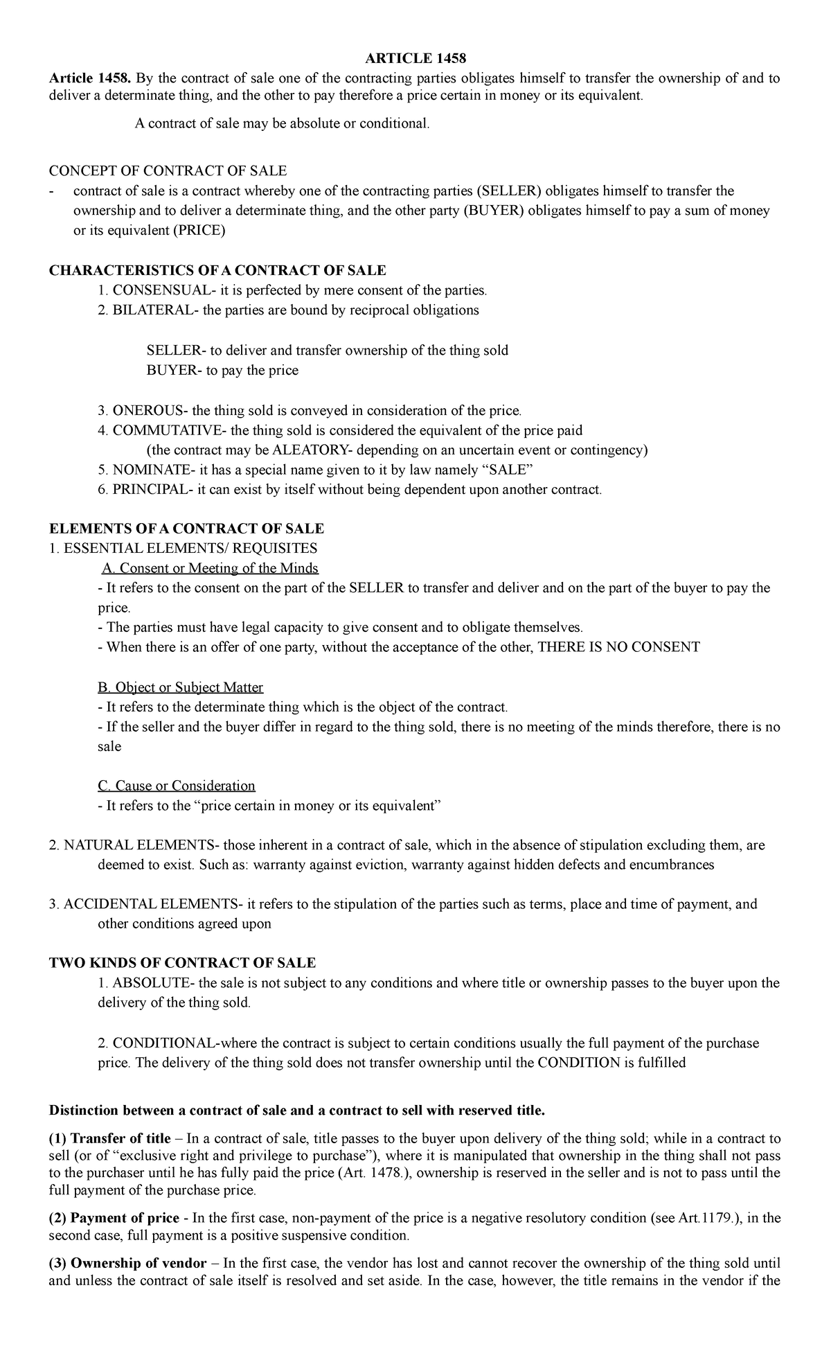 LAW ON Sales Reviewer - ARTICLE 1458 Article 1458. By The Contract Of ...