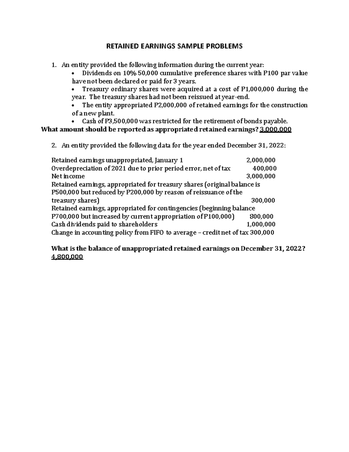 Retained Earnings Sample Problems and Answers RETAINED EARNINGS