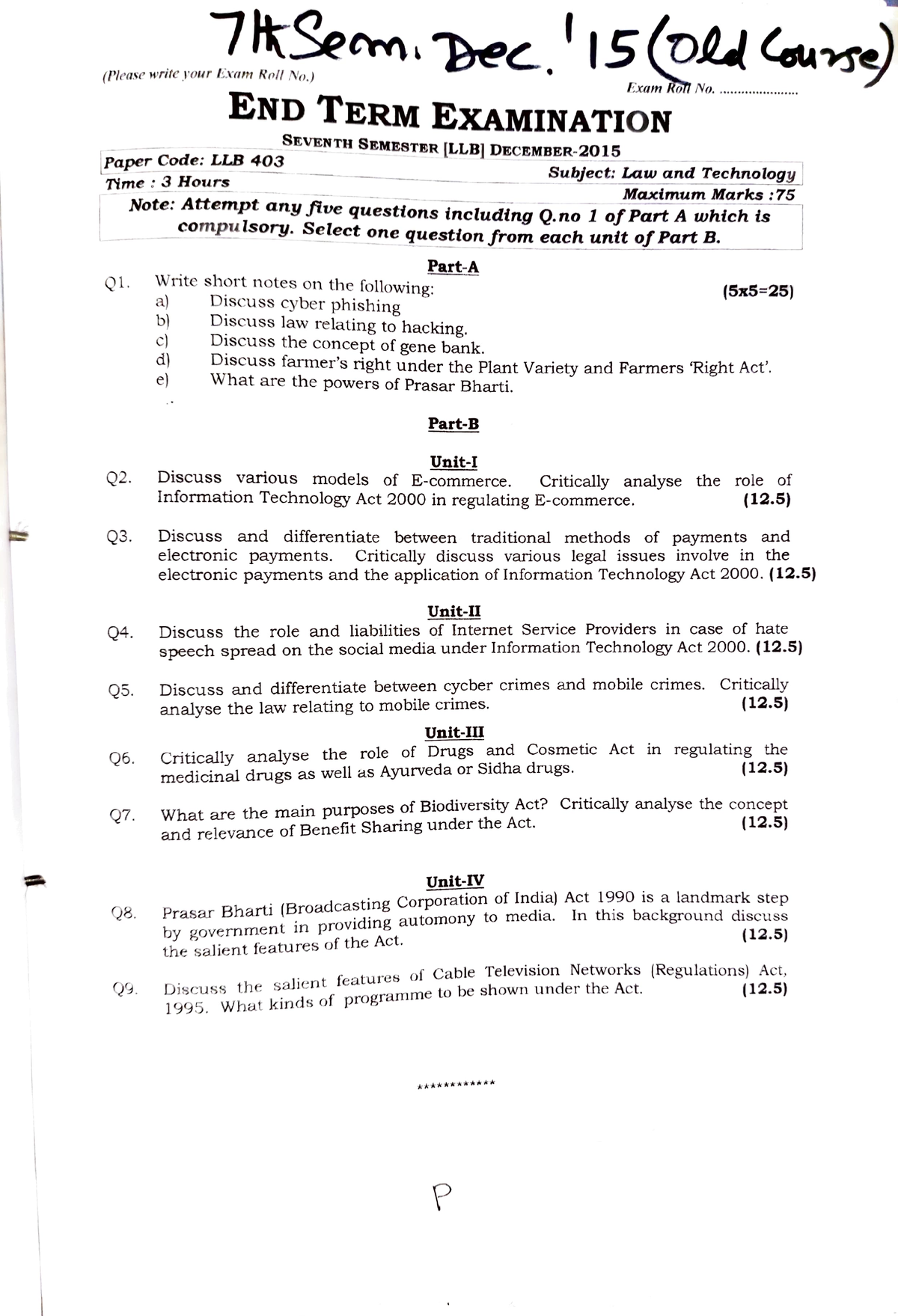 7th Sem Ii - Previous Year Question Paper - (Please Write Your7kSen'15 ...