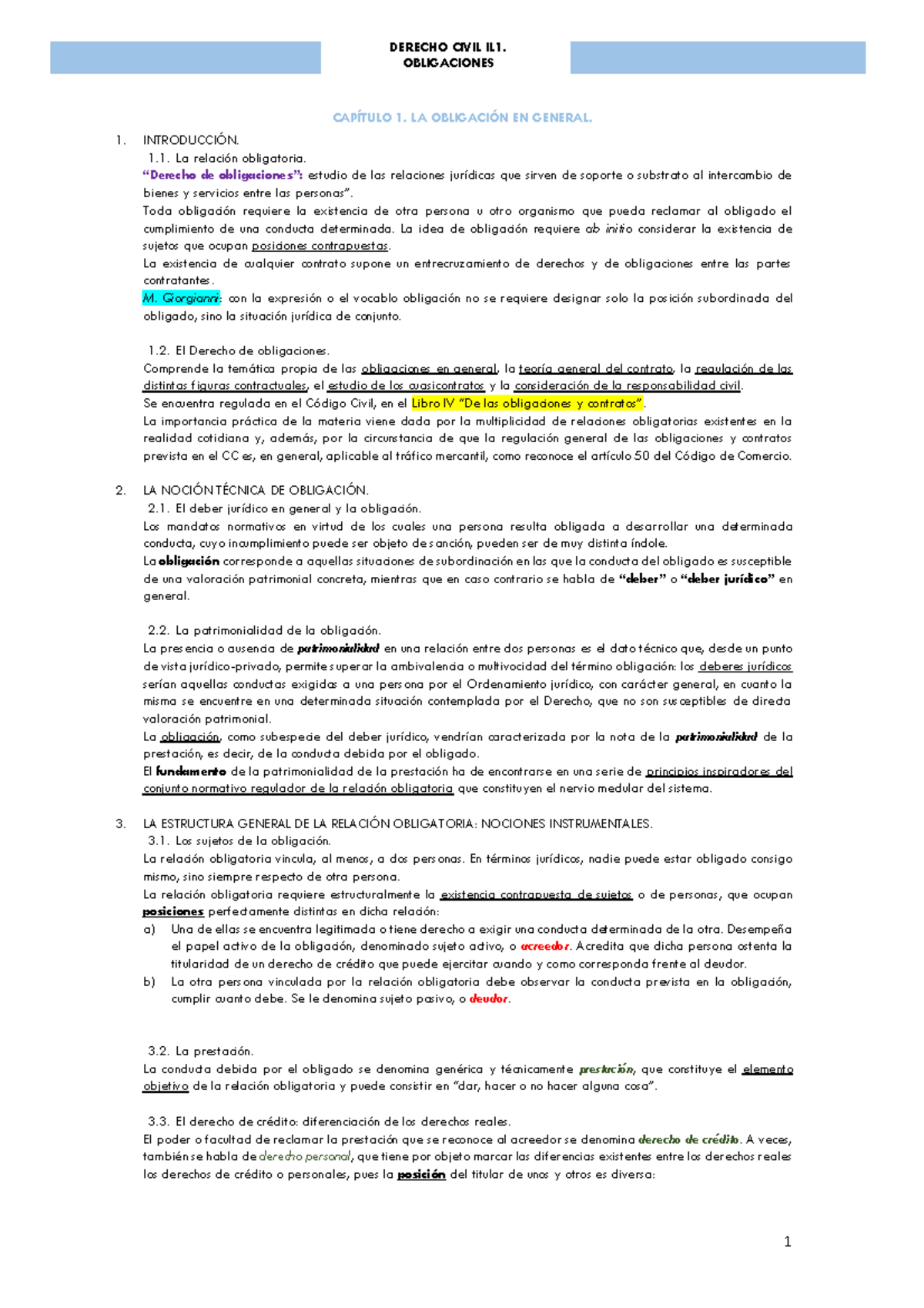 Derecho Civil Obligaciones - OBLIGACIONES CAPÍTULO 1. LA OBLIGACIÓN EN ...