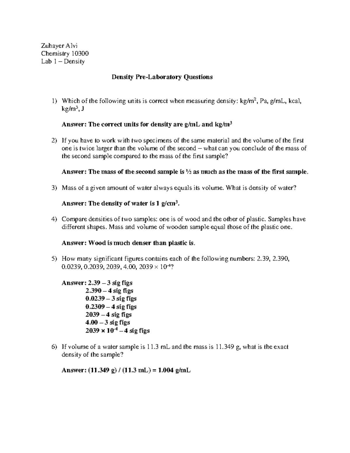 Density Lab 1 lab 1 Zuhayer Alvi Chemistry 10300 Lab 1 Density